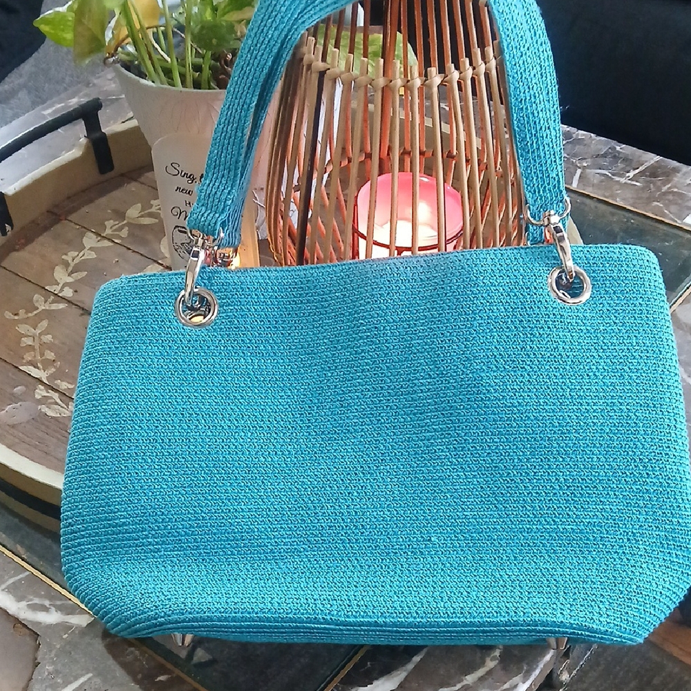 Vibrant Blue Tote with Gold Hardware and Textured Fabric